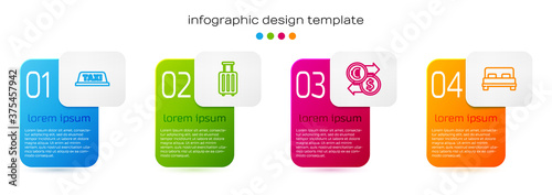 Set line Taxi car roof, Suitcase, Money exchange and Big bed. Business infographic template. Vector.