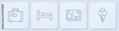 Set line Suitcase, Passport with visa stamp, Bed and Ice cream in waffle cone. White square button. Vector.