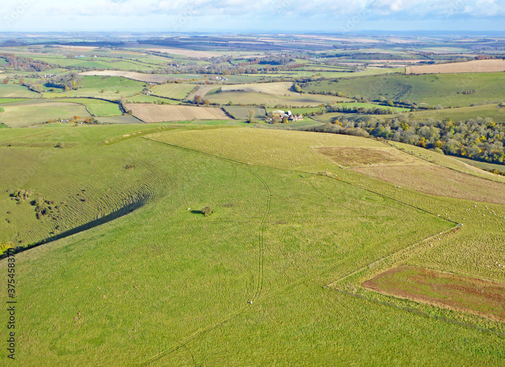 Aerial view of the fields at Monks Down in Wiltshire