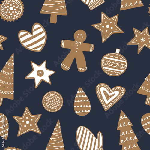 Gingerbread cookies seamless pattern for Christmas. Cozy childish xmas print. Traditional holiday scandinavian background. Flat hand drawn baked man, star, heart, tree.