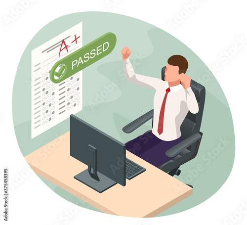 Isometric Exam sheet with A plus grade, flat design. The joy of a good exam result. The exam is passed.