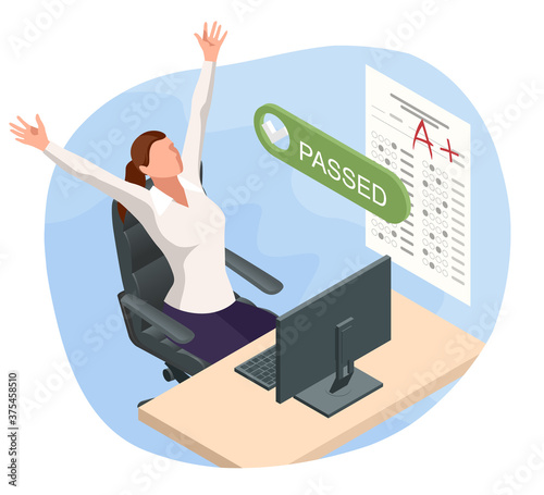 Isometric Exam sheet with A plus grade, flat design. The joy of a good exam result. The exam is passed.