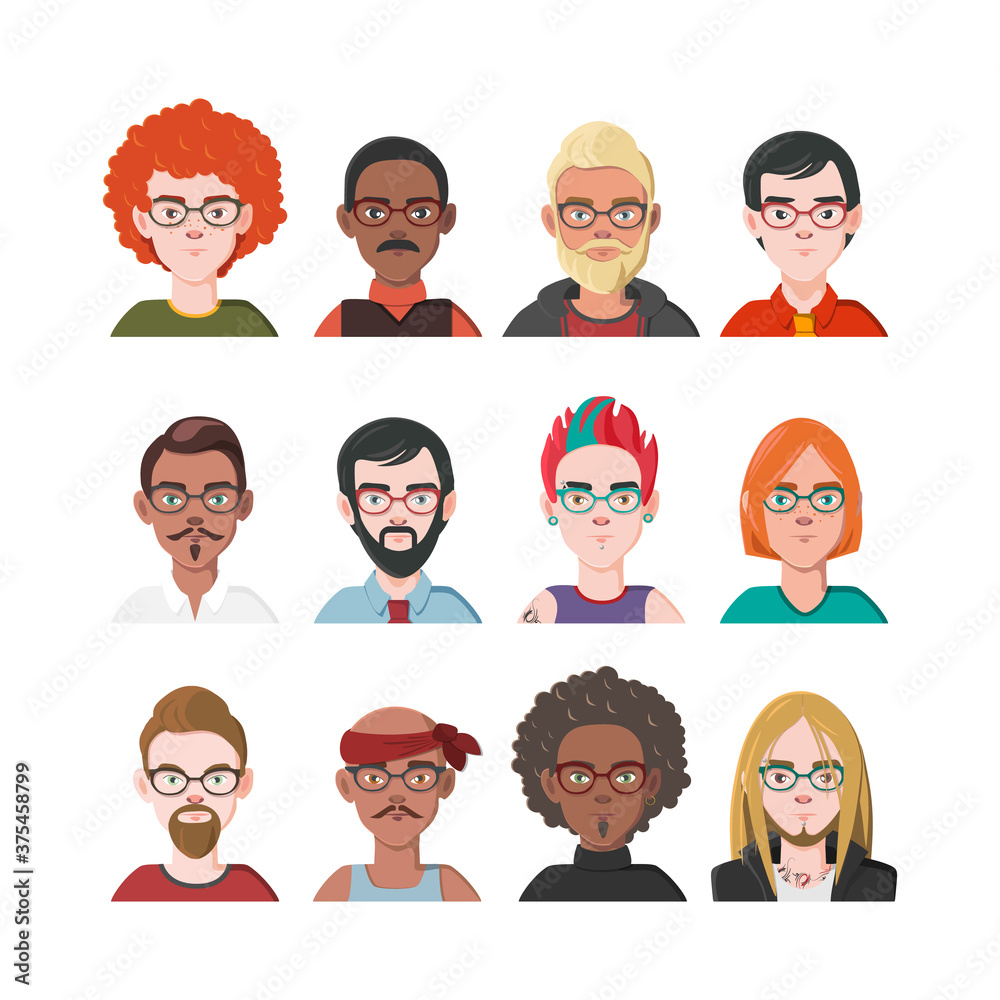 Set of Man Avatars. Twelve Male Characters from Different Subcultures and Social Strata. Handsome Men with Glasses. Diversity of Cultures. Vector Illustration. Set of Man Avatars. Twelve Male Characters from Different Subcultures and Social Strata. Handsome Men with Glasses. Diversity of Cultures. Vector Illustration.