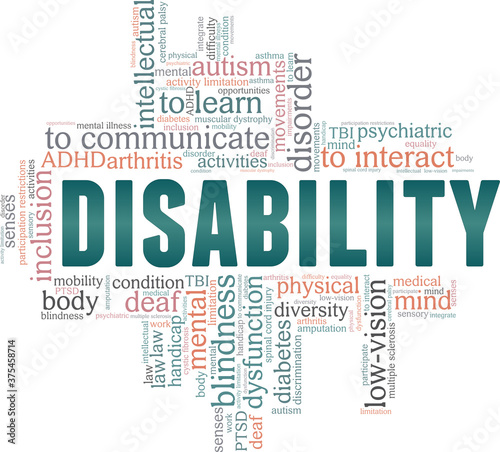 Disability vector illustration word cloud isolated on a white background.