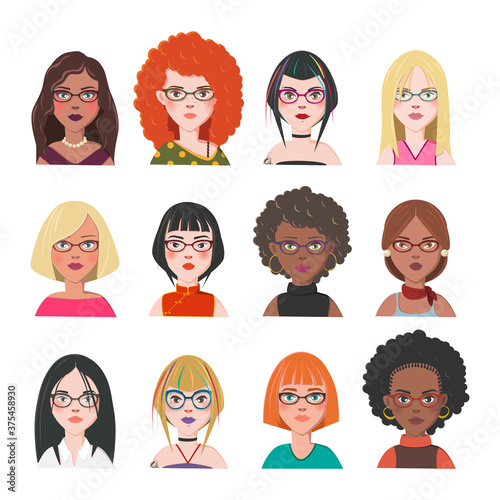 Set of Women Avatars. Twelve Characters from Different Subcultures and Social Strata. Beautiful Women with Glasses. Diversity of Cultures. Vector Illustration.
