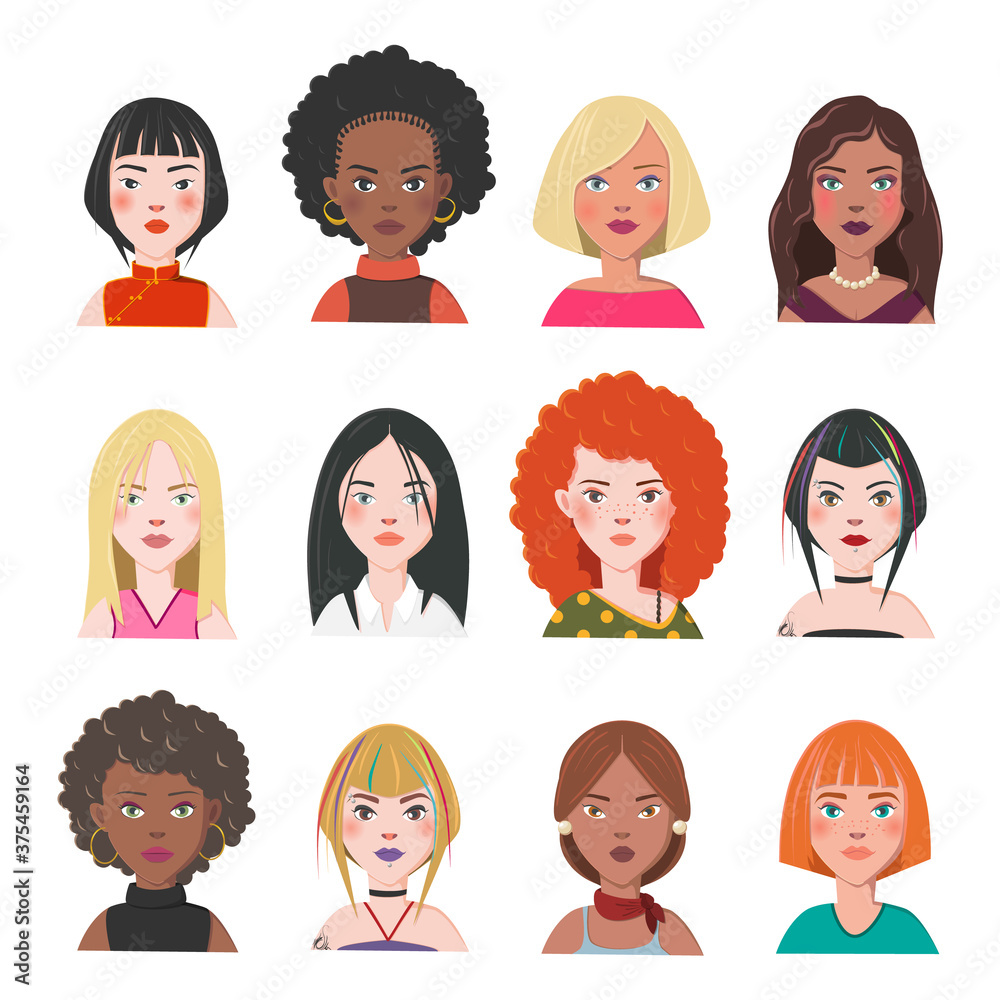Set of Woman Avatars. Twelve Characters from Different Subcultures and Social Strata. Beautiful Women. Diversity of Cultures. Vector Illustration. Set of Woman Avatars. Twelve Characters from Different Subcultures and Social Strata. Beautiful Women. Diversity of Cultures. Vector Illustration.