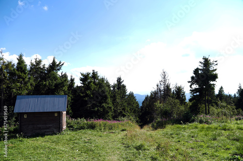 wooden toilet outdoors in the mountains