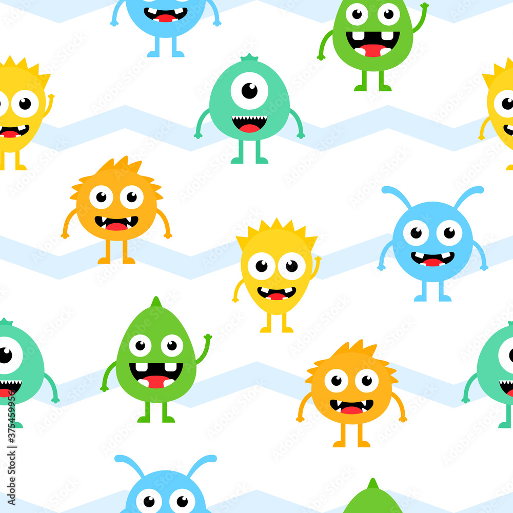 Seamless pattern cartoon cute monsters background. Halloween design vector illustration isolated on white background Seamless pattern cartoon cute monsters background. Halloween design vector illustration isolated on white background