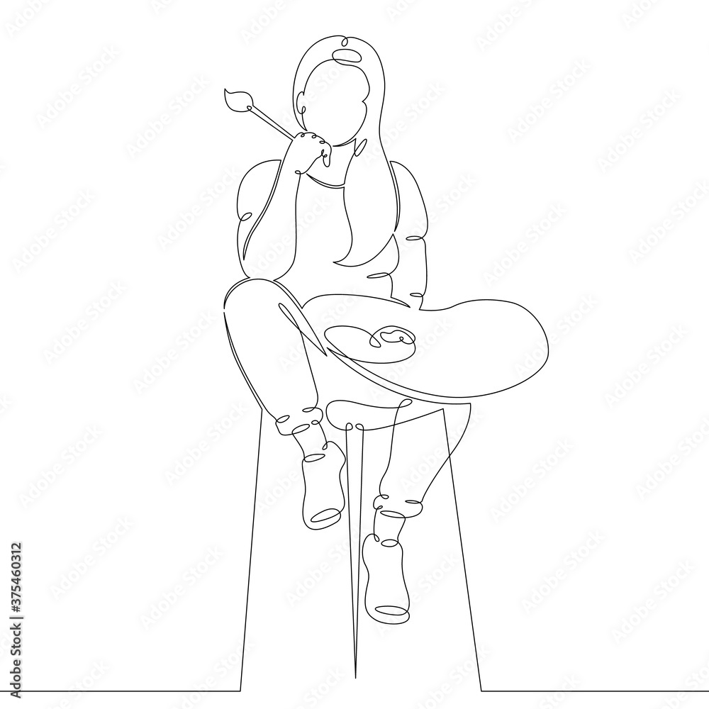 Φωτογραφία young woman artist with palette and brush sits on bar stool