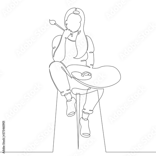 young woman artist with palette and brush sits on bar stool