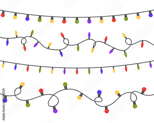 Color garland set isolated on white background. Christmas bright colored lights decoration. Glowing bulb for xmas cards, banners, posters, web. Led neon lamp. Vector illustration