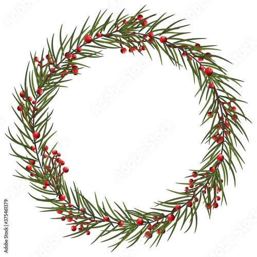 Christmas wreath with berries, pine branches,cones. Floral illustration for design, print, background. Eps 10