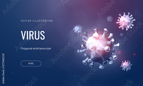 Vector of Coronavirus futuristic 3d model on blue background. COVID-19 Virus in abstract polygonal style. Microorganism, a type of pathogenic microflora