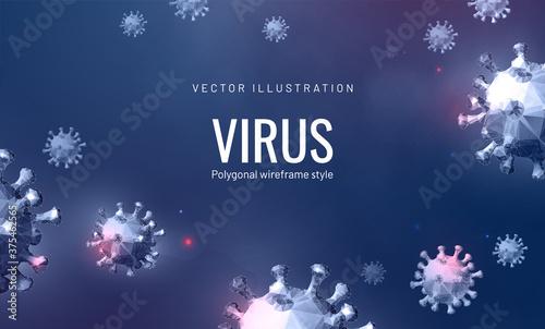 Vector of Coronavirus 2019-nCoV or Virus pattern background. COVID-19 3d Virus model in abstract futuristic polygonal style isolated on blue background. Microorganism, a type of pathogenic microflora