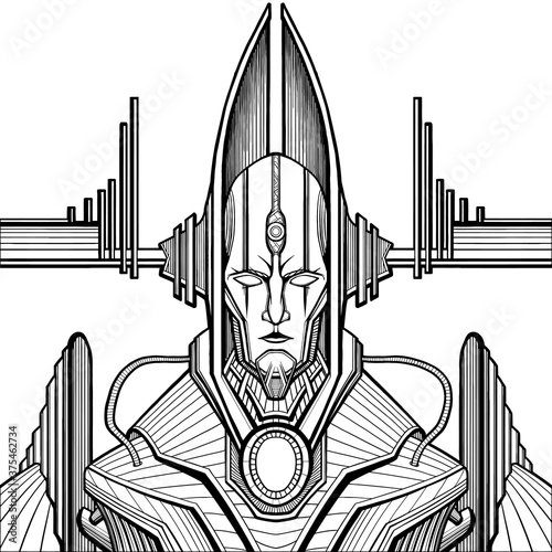 Mechanic character close-up, giant cyborg or robot alien, soldier in armor with elongated head, broad shoulders, in helmet with horns and wires with reactor in the chest, pipe connected, no background