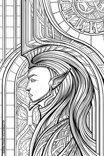 Elf King in high crown forming an arch, fantasy character with pointed ears and chin in pattern armour, with thick long hair on background cathedral stained glass and clock with gear wheels. Coloring. photo