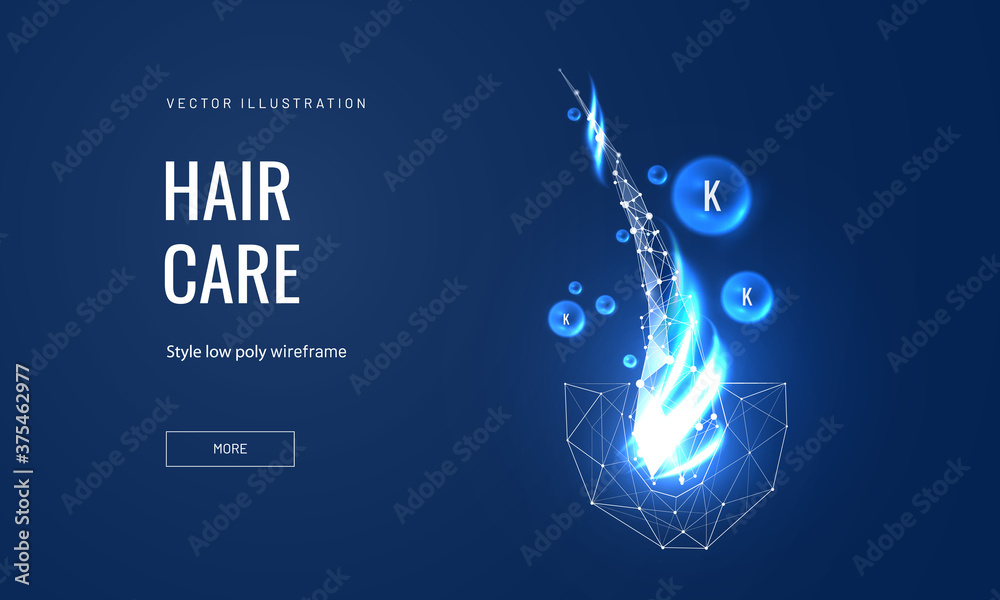 Hair care keratin or serum concept in polygonal futuristic style for landing page. Vector illustration of medical or spa procedures for hair follicles from brittleness, hair damage - obrazy, fototapety, plakaty 