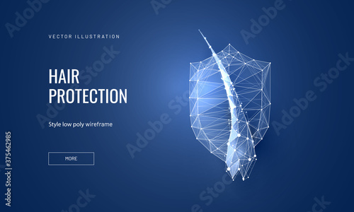 Hair protection concept in futuristic polygonal style for landing page or banner. Vector illustration of a hair follicle with a shield for protection from damage, baldness or strengthening photo