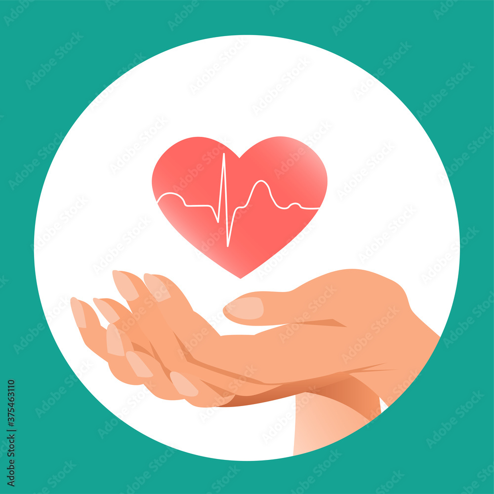 Heart health in the caring hands of a woman. Icon for cardiology and medicine. Symbolic vector illustration.