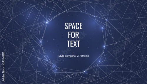 Magic night sky banner for invitation card. Frame template for text or photo with geometric wireframe background in polygonal style. Futuristic space for booklet