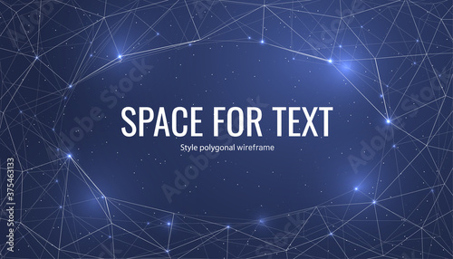 Magic night sky banner for invitation card. Frame template for text or photo with geometric wireframe background in polygonal style. Futuristic space for booklet. Vector illustration