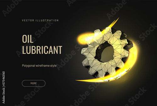 Oil lubricant for a car with a gear in a futuristic polygonal style on a blue background. Concept for a banner in the scope of maintenance or repair of machines. Vector illustration of cogwheel gear
