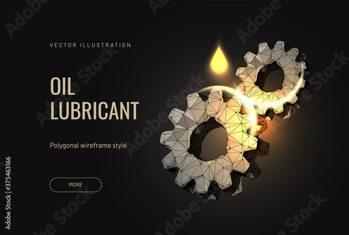 Oil lubricant for a car with a gear in a futuristic polygonal style on a blue background. Concept for a banner in the scope of maintenance or repair of machines. Vector illustration of cogwheel gear photo