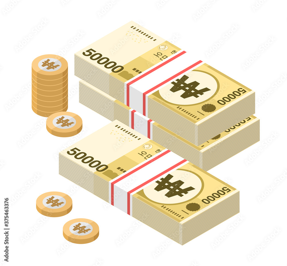 Isometric Stacks Of 50000 South Korean Won Banknotes And Coins Fifty 