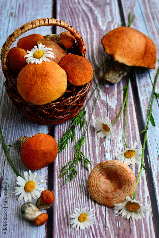 Basket with mushrooms with bright orange hats, daisy flowers and spikelets lie on a wooden table