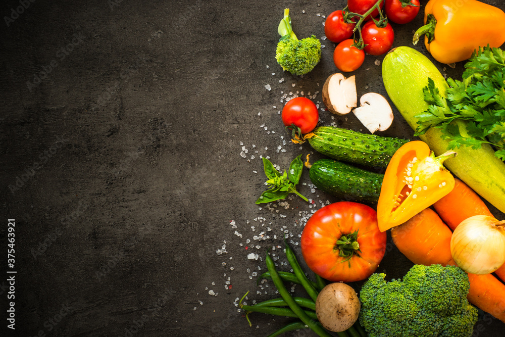 Healthy food background on black table. Healthy food background on black table.