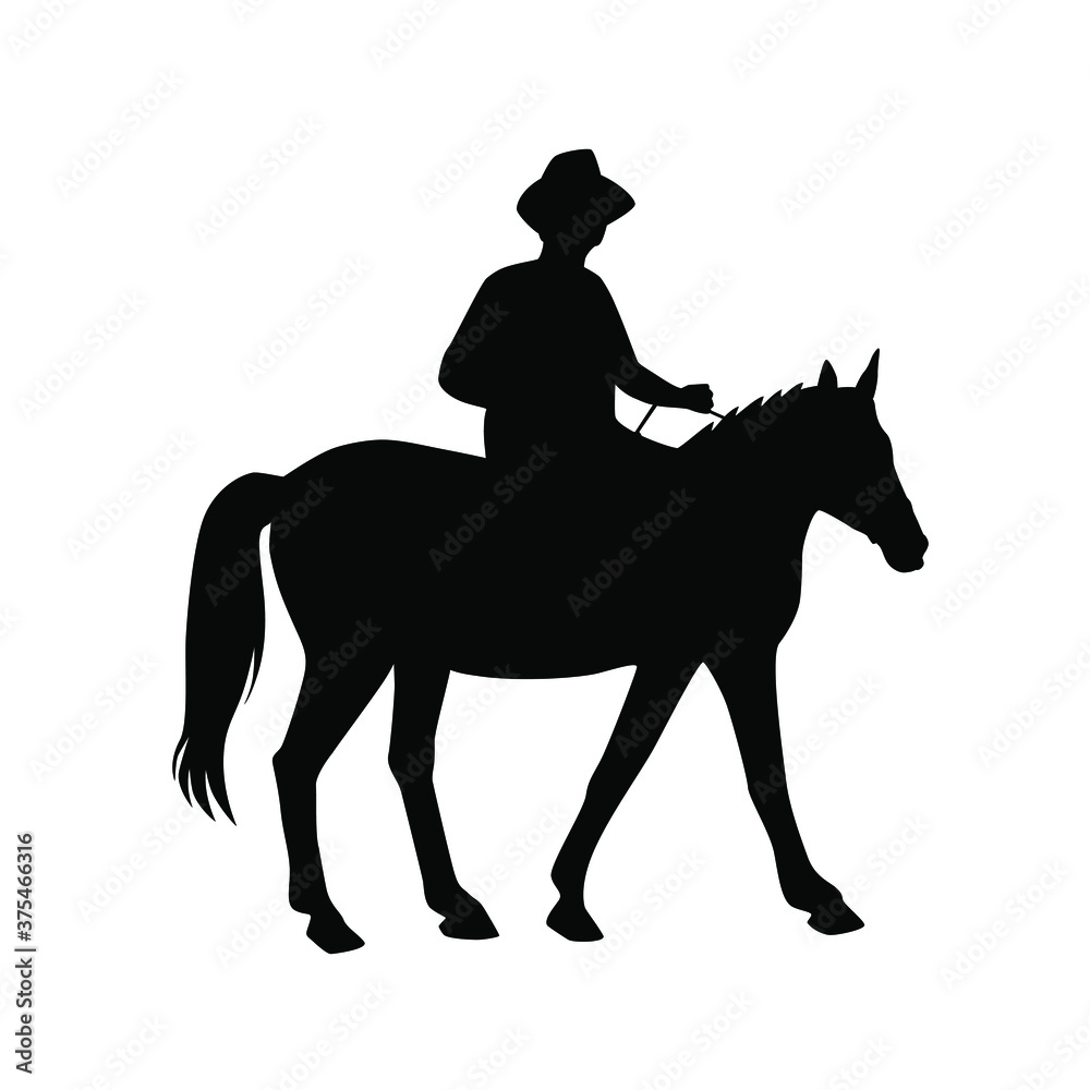 Silhouette of horse and rider, vector, black color, isolated on white background