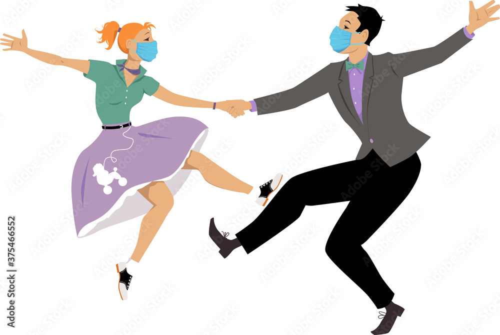 Couple dressed in fifties fashion dancing rock and roll wearing face masks, EPS 8 vector illustration