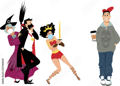 Group of friends in Halloween costumes wearing protective face masks scared of a unmasked person, EPS 8 vector illustration