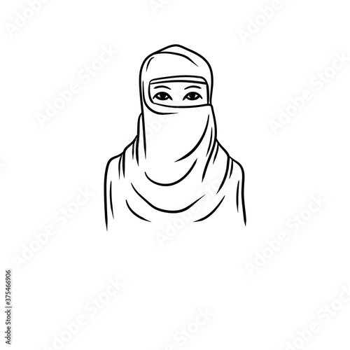 Arab woman in hijab. National Oriental clothing. Headscarf on head. Muslim Islamic culture and the niqab. Cartoon black and white drawn illustration