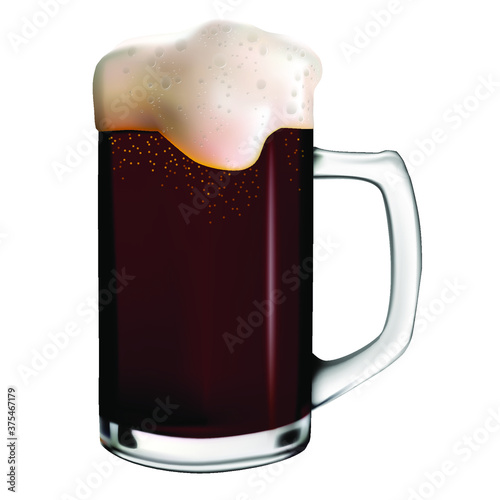 Isolated image of dark beer with foam in a glass mug. Vector realistic illustration of beer mug. Oktoberfest celebration.