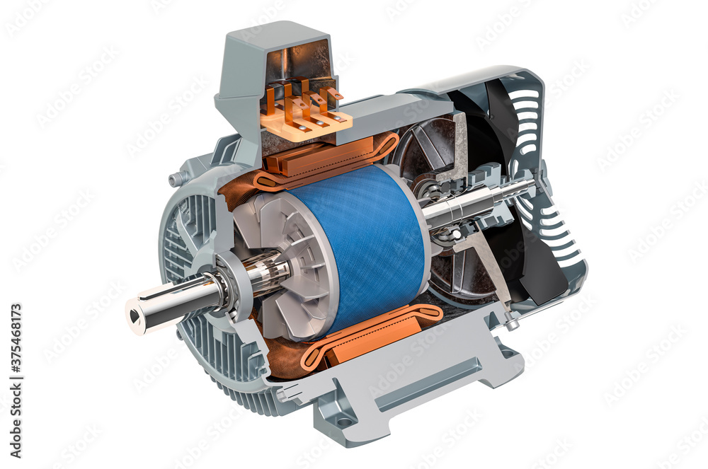 Section of industrial electric motor, 3D rendering - obrazy, fototapety, plakaty 
