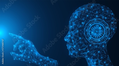 A low-poly humanoid robot. Touch a point of light. Artificial intelligence. Blue background.