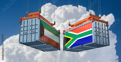 Freight containers with South Africa and Kuwait flag. 3D Rendering 