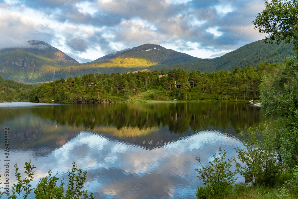 Gorgeous, mountain lake and fjord scenery along the Gaular River Valley, Sunnfjord, Vestland, Norway