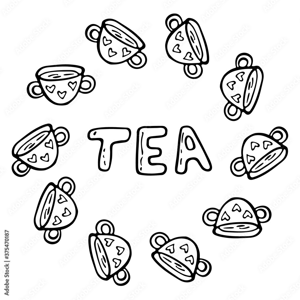 Vector flat illustration tea time with cups of tea and coffee. Doodle objects are cut out. Background decoration.