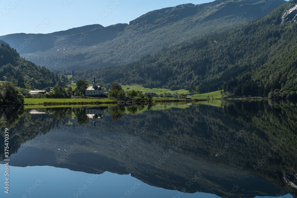 Fototapeta premium Gorgeous, mountain lake and fjord scenery along the Gaular River Valley, Sunnfjord, Vestland, Norway