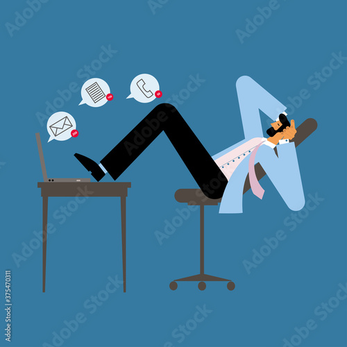 Procrastination and delaying working tasks concept. businessman sitting with legs on office desk procrastinating work.