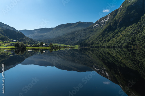 Gorgeous, mountain lake and fjord scenery along the Gaular River Valley, Sunnfjord, Vestland, Norway