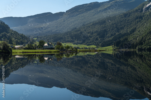 Gorgeous  mountain lake and fjord scenery along the Gaular River Valley  Sunnfjord  Vestland  Norway