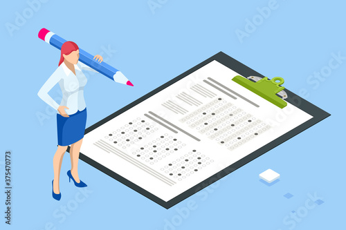 The student filling out answers to exam test answer sheet with a pencil. Education concept. Isometric vector illustration
