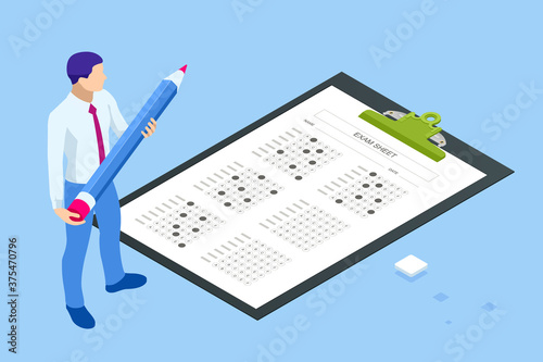 The student filling out answers to exam test answer sheet with a pencil. Education concept. Isometric vector illustration