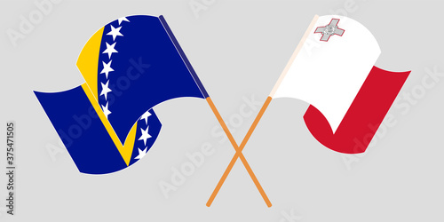 Crossed and waving flags of Malta and Bosnia and Herzegovina