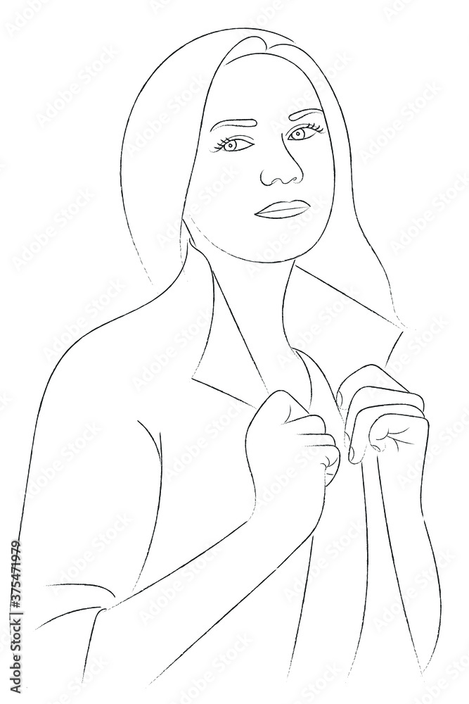 Sketch portrait of a girl who straightens the collar of her jacket with her hands Sketch portrait of a girl who straightens the collar of her jacket with her hands