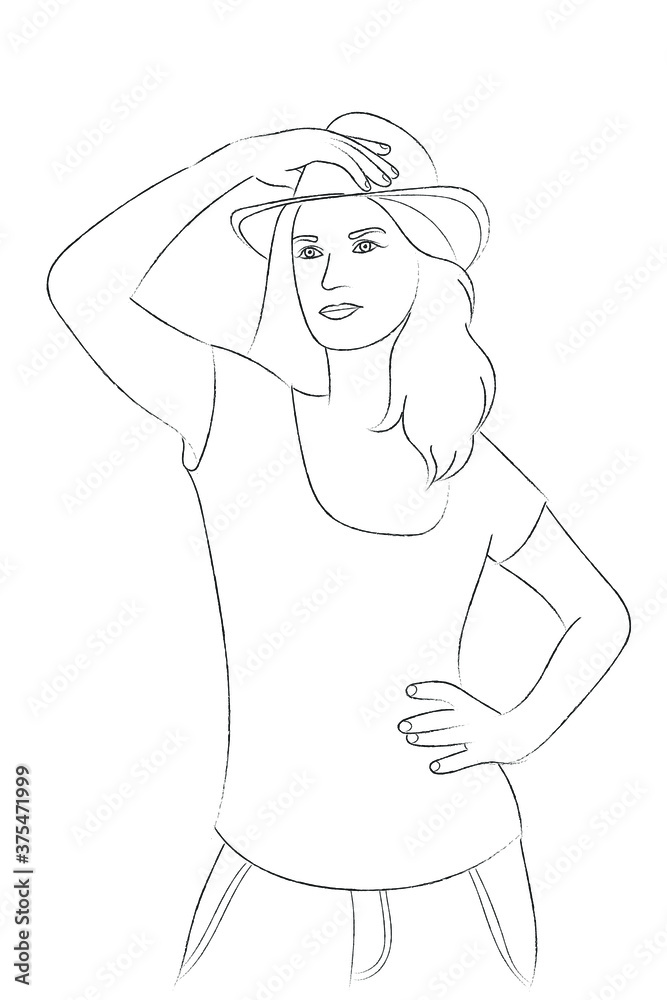 Sketch portrait of a girl in a hat, with one hand she straightens the hat, she put her other hand on her waist Sketch portrait of a girl in a hat, with one hand she straightens the hat, she put her other hand on her waist