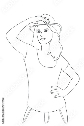 Sketch portrait of a girl in a hat, with one hand she straightens the hat, she put her other hand on her waist